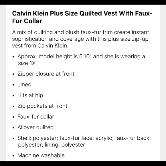 NWT Calvin Klein Quilted Vest w/ Faux Fur Collar - Picture 3 of 3